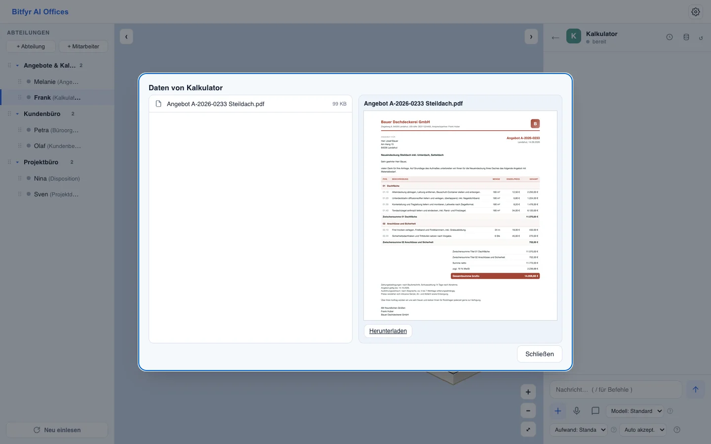 Dachdeckerei: Angebot und Materialbedarf aus dem Aufmaß — Ansicht in Mihikopoa AI Offices