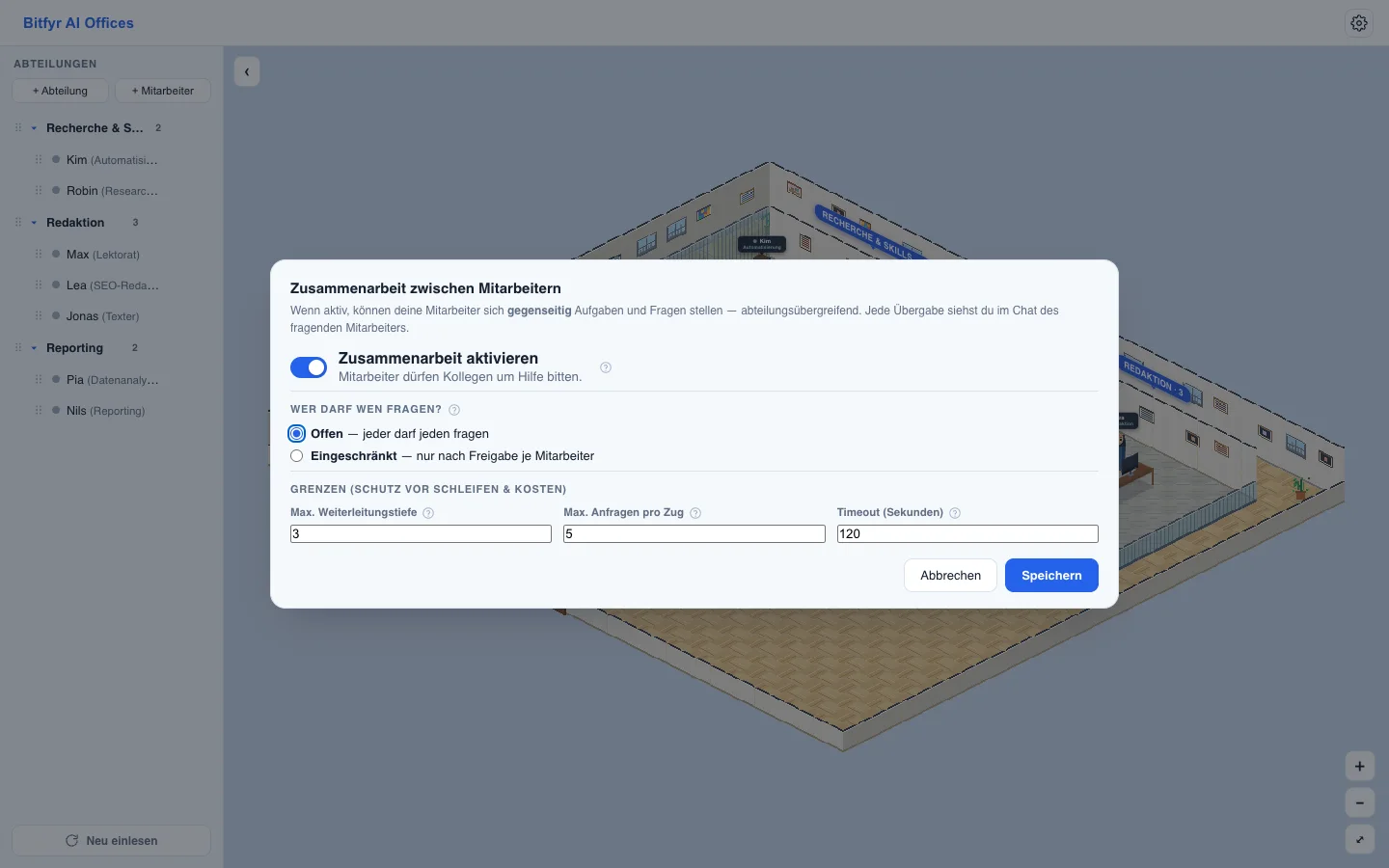 Marketingagentur: Redaktion mit festen Rollen — Ansicht in Mihikopoa AI Offices