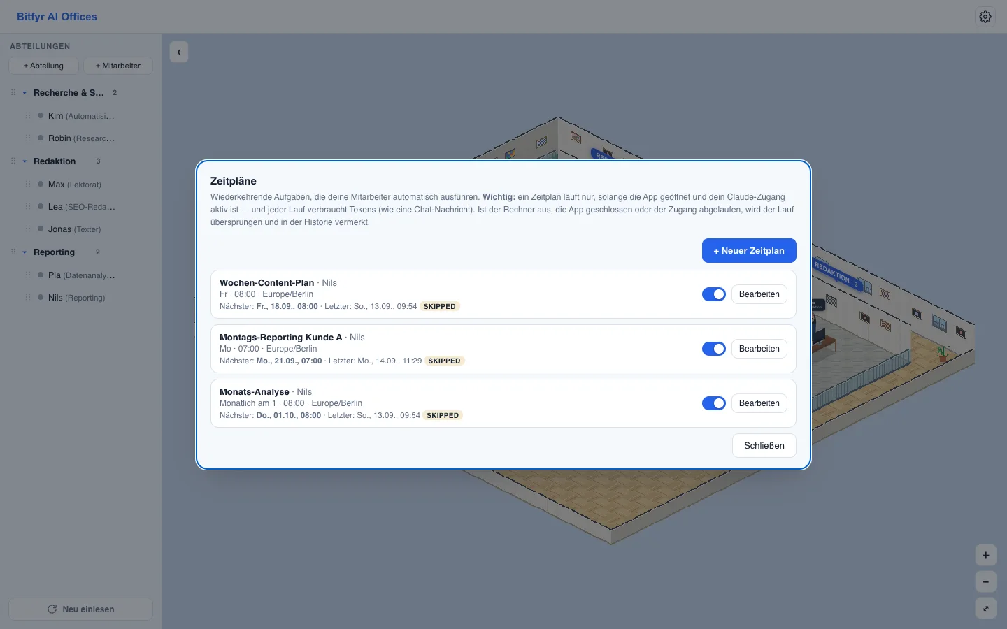 Marketingagentur: Reportings, die sich selbst schreiben — Ansicht in Mihikopoa AI Offices