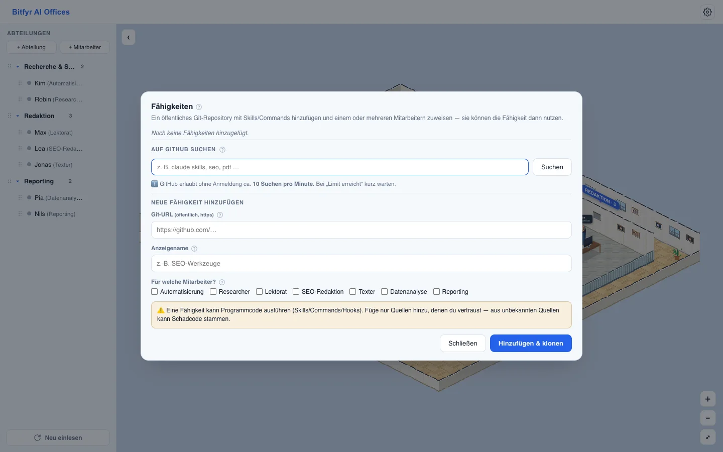 Marketingagentur: Neue Fähigkeiten aus der Bibliothek — Ansicht in Mihikopoa AI Offices