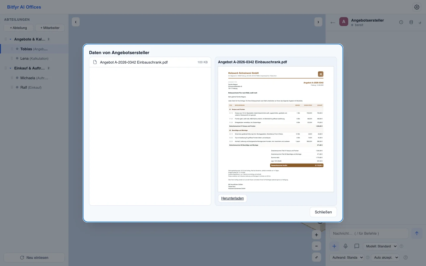 Schreinerei / Tischlerei: Angebot und Stückliste aus dem Kundenwunsch — Ansicht in Mihikopoa AI Offices