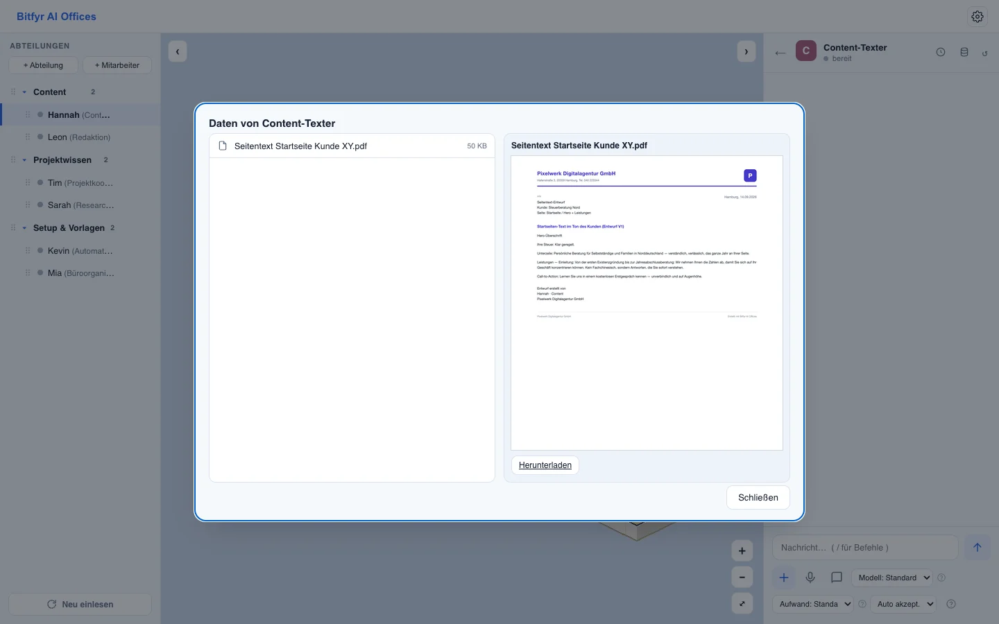 Webdesign- & Digitalagentur: Seitentexte im Ton des Kunden — Ansicht in Mihikopoa AI Offices